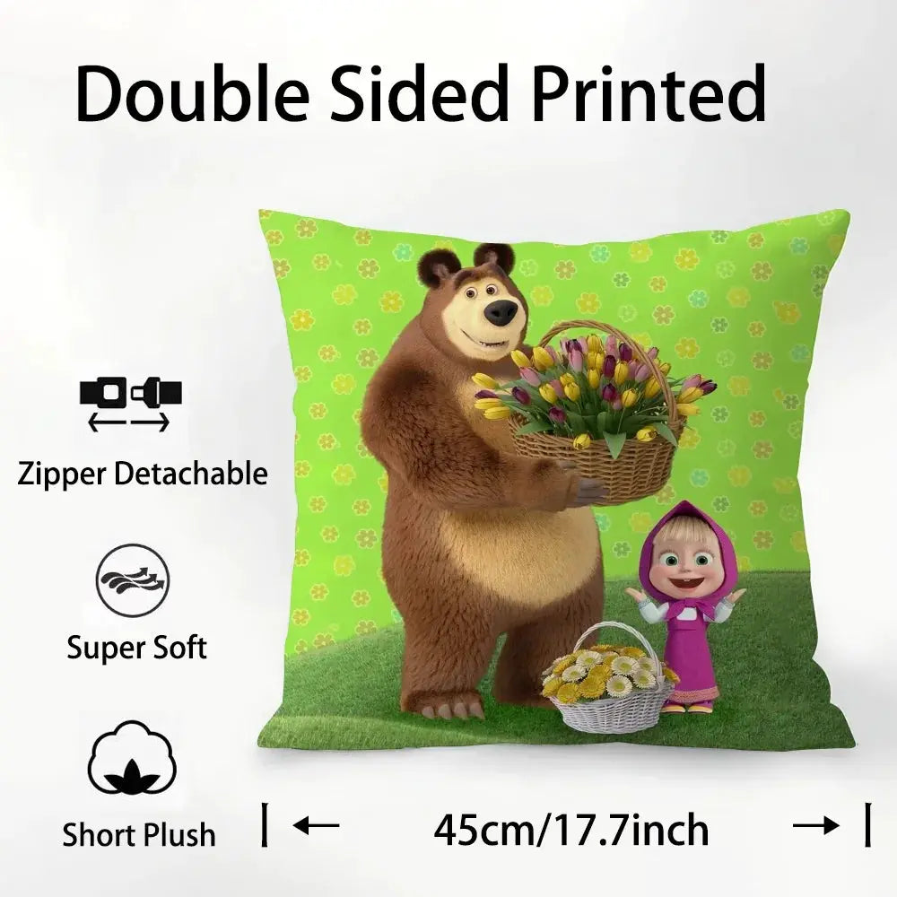 M-Masha And B-Bears plush pillow cover, Simples Market, green double-sided print featuring bear and Masha, 45cm