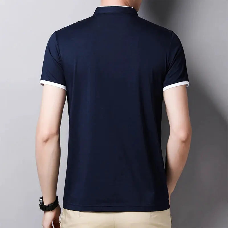 Men's navy blue short-sleeve T-shirt with white sleeve trim, back view