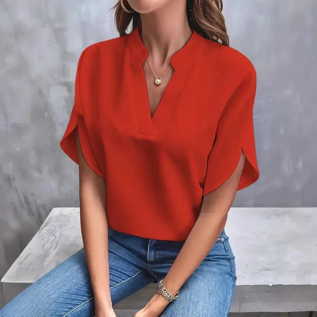Women's red solid V-neck blouse with half sleeves, loose pullover top