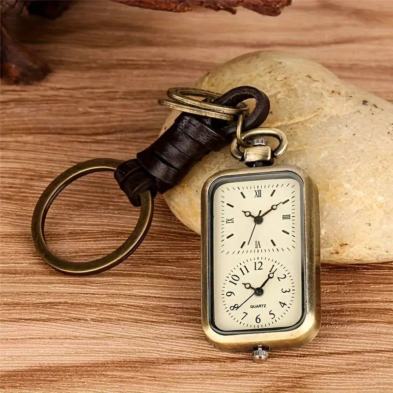 Bronze square pocket watch keychain with leather strap and double time movement, retro antique-style quartz pendant