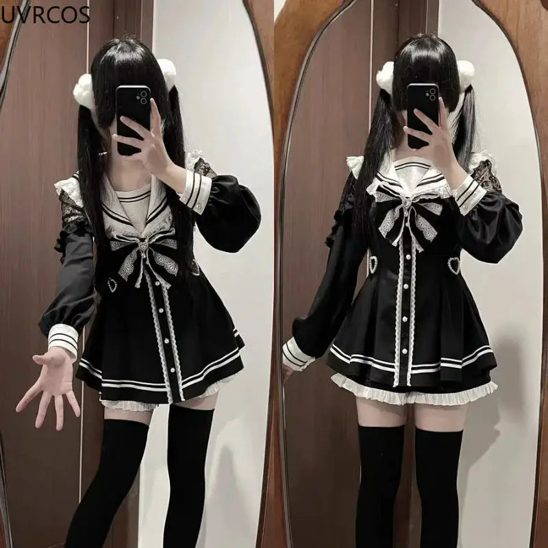 Japanese Style Gothic Y2K Lolita Bow Dress Set Women Long Sleeve
