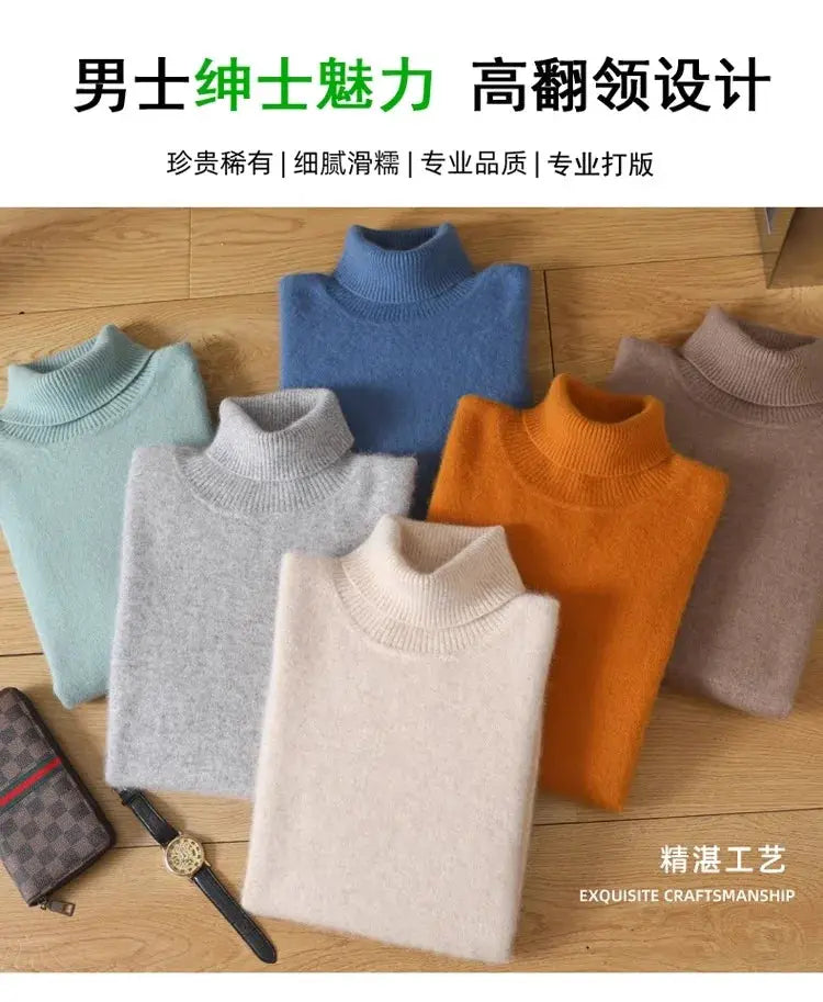 Men's cashmere knit turtleneck sweaters in 6 colors arranged on a wooden floor