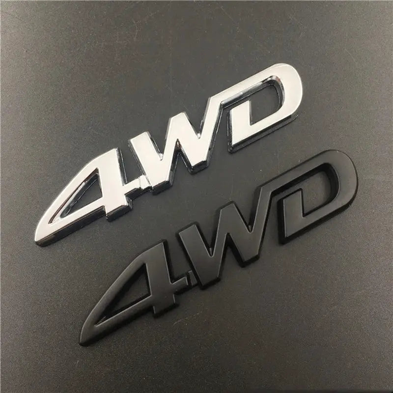 2x 3D chrome metal car emblems, 4WD badge in chrome and black finishes for fender/trunk decals