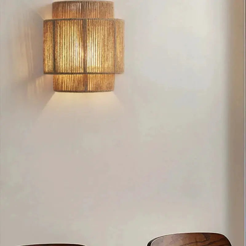 Retro natural rattan weaving wall lamp shade with hemp rope, LED E27, warm light.