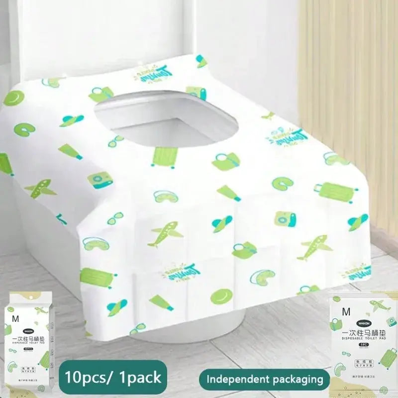 Disposable toilet seat covers by Simples Market, waterproof, 10pcs per pack, white with green print.