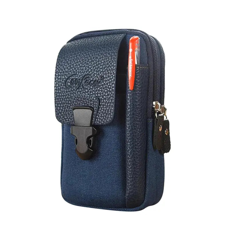 Blue textured waist bag with front flap buckle and dual zip pockets; compact men’s belt pouch