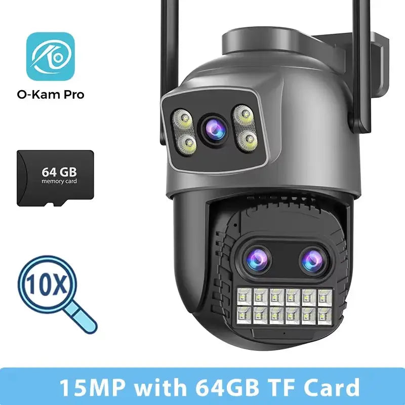 BESDER 15MP WiFi outdoor PTZ security camera with 10x digital zoom and 64GB card, O-Kam Pro logo visible