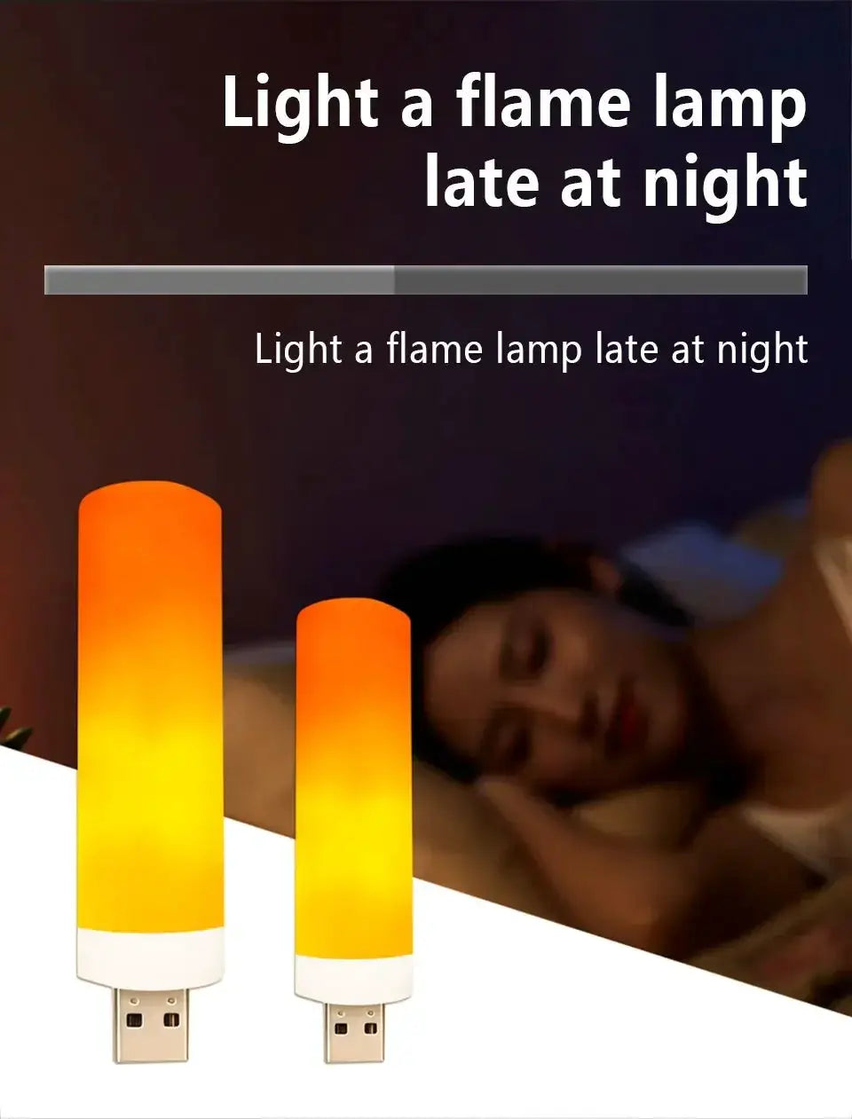USB LED night lamp with flickering flame bulbs; two orange gradient candle lights, Simples Market.