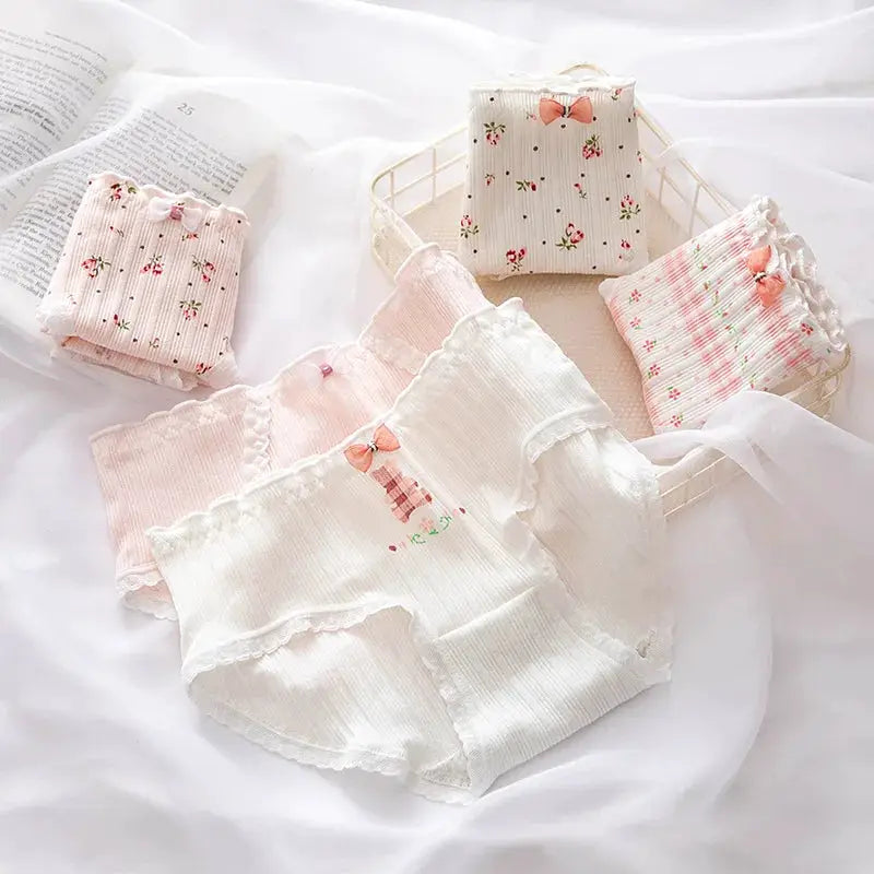 Panties 5-piece set by Simples Market; pure cotton, lace-trimmed mid-waist briefs in pink/white