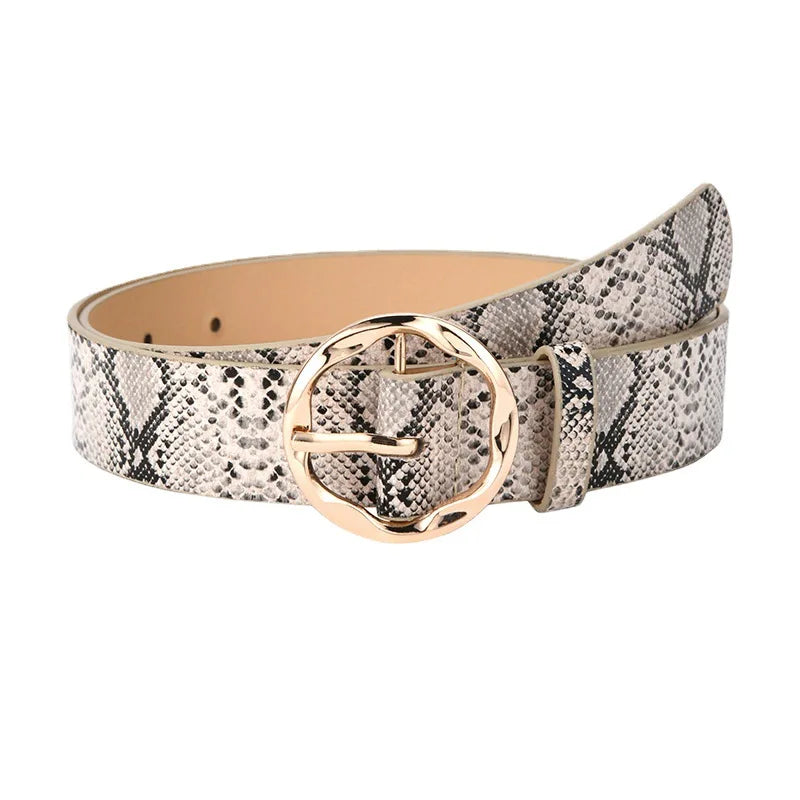 VividModa Leopard Snake Zebra Snakeskin Belt With Golden Circle Pin Buckle For Dresses Jeans And Suits