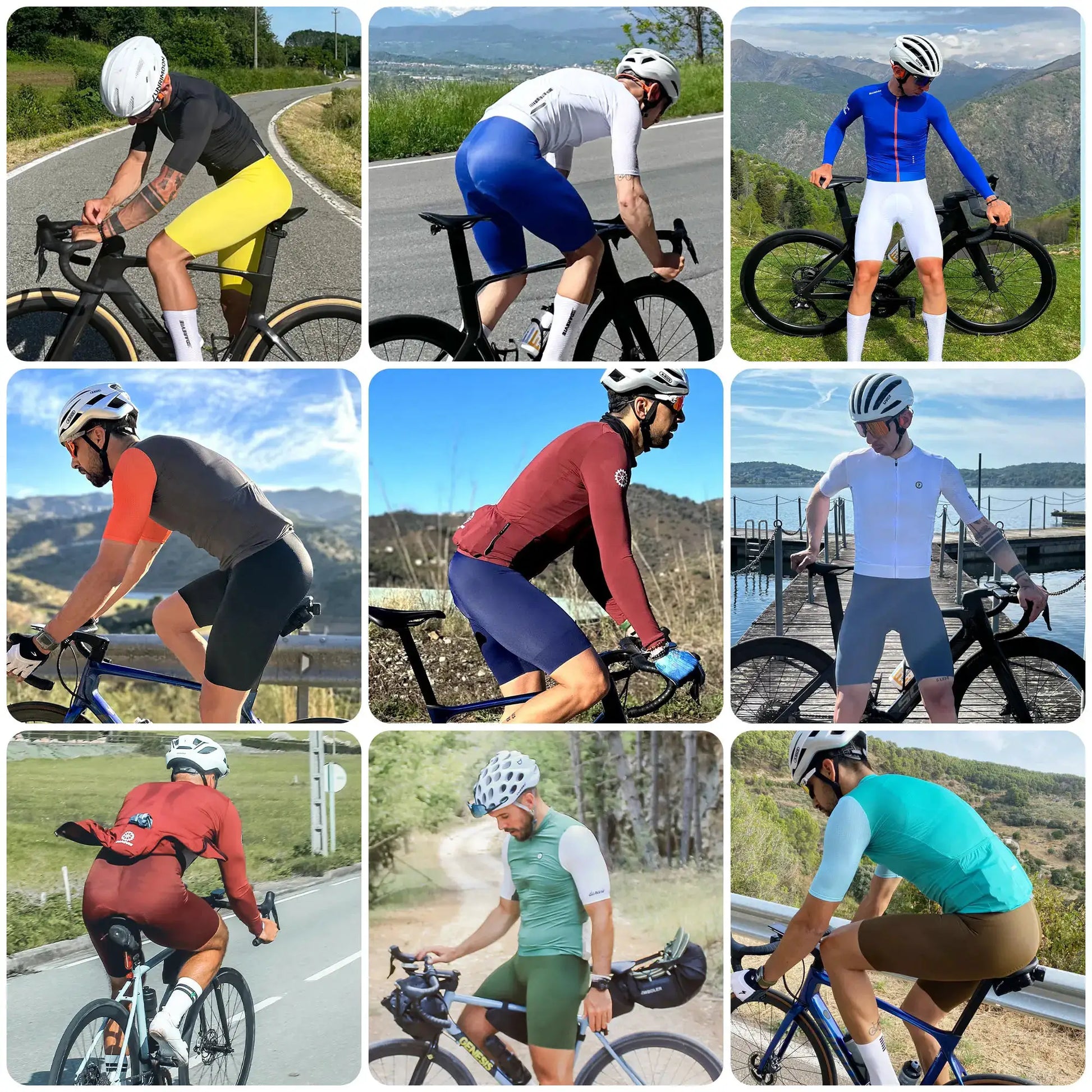 DAREVIE men's cycling bib shorts collage; multiple riders in colorful bib shorts on road bikes