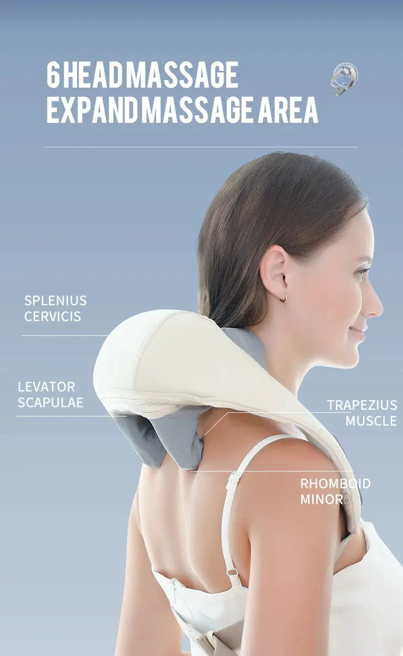 Foreverlily neck and shoulder massager shawl by Simples Market; white wireless kneading wrap worn on the shoulders.