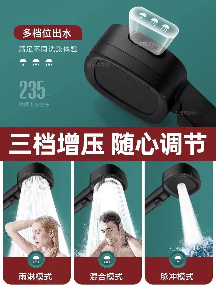 Simples Market three-mode high-pressure shower head with water-saving design and rain/mixed/pulse spray