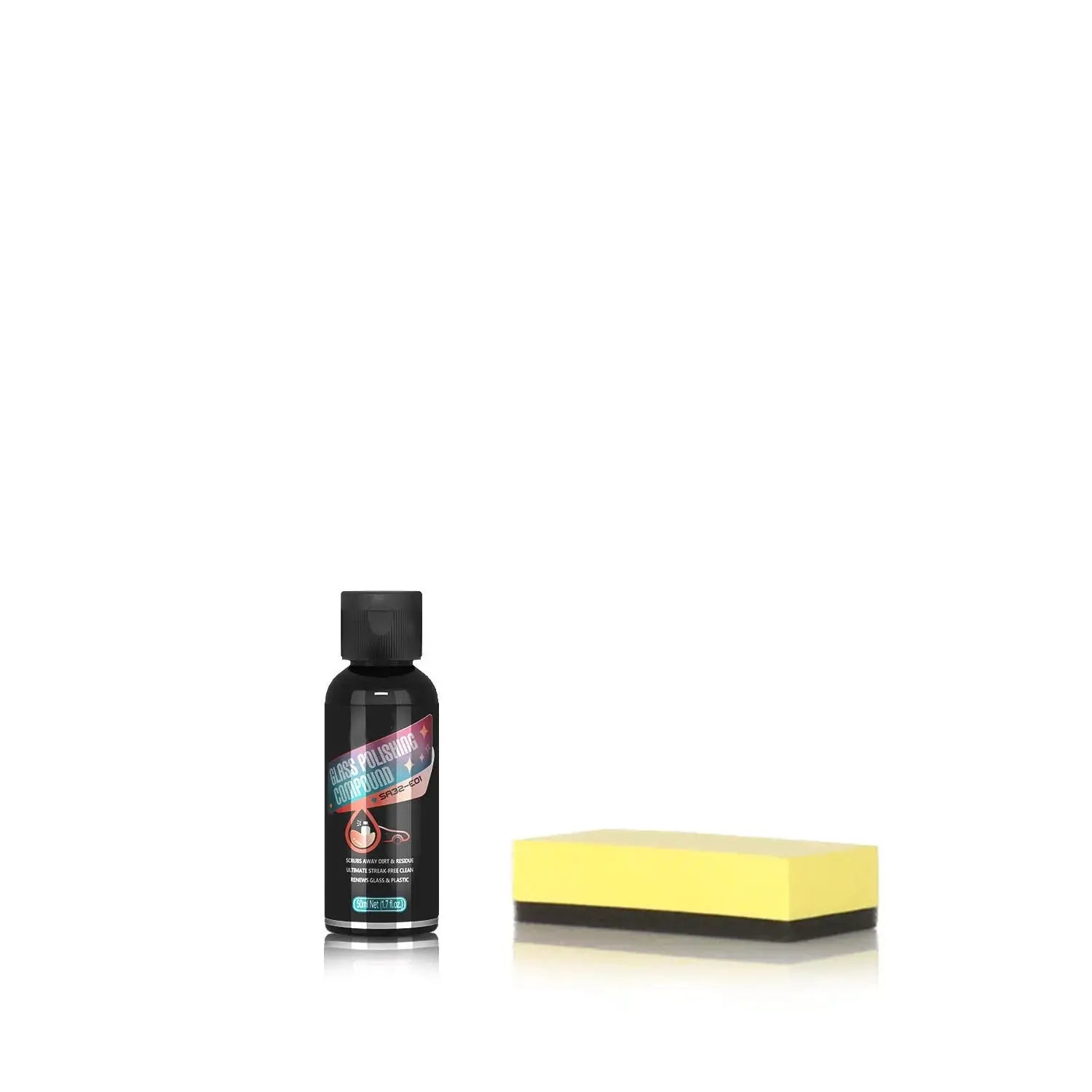 Glass polishing compound bottle with yellow sponge; Simples Market car glass cleaning kit (2 pieces)