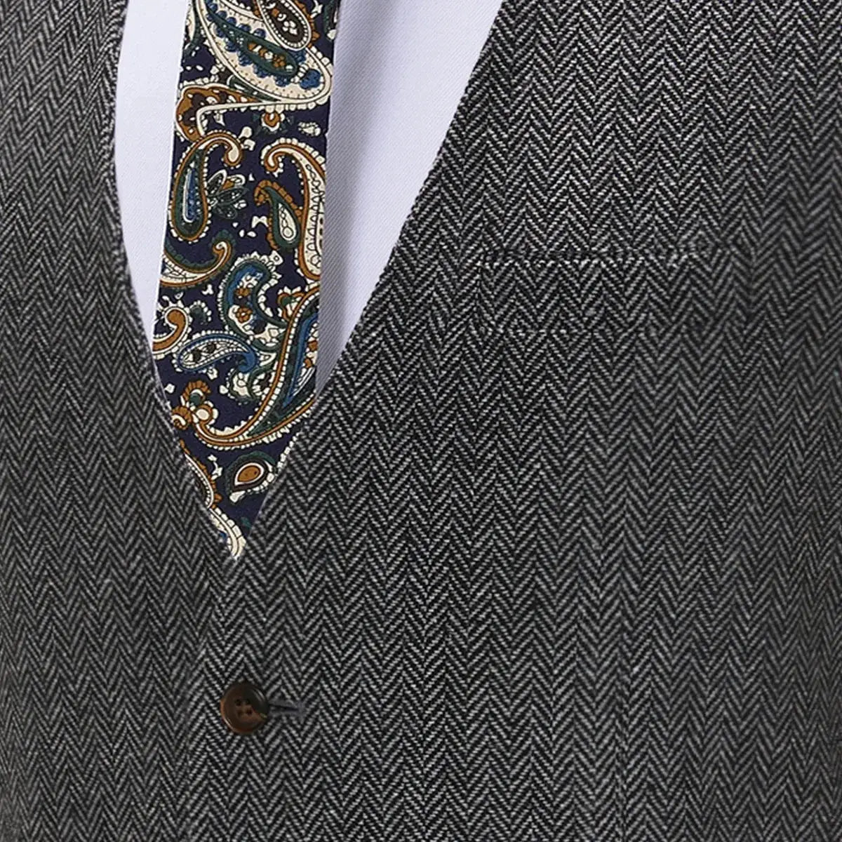 Men's gray herringbone deep-V suit vest with brown button