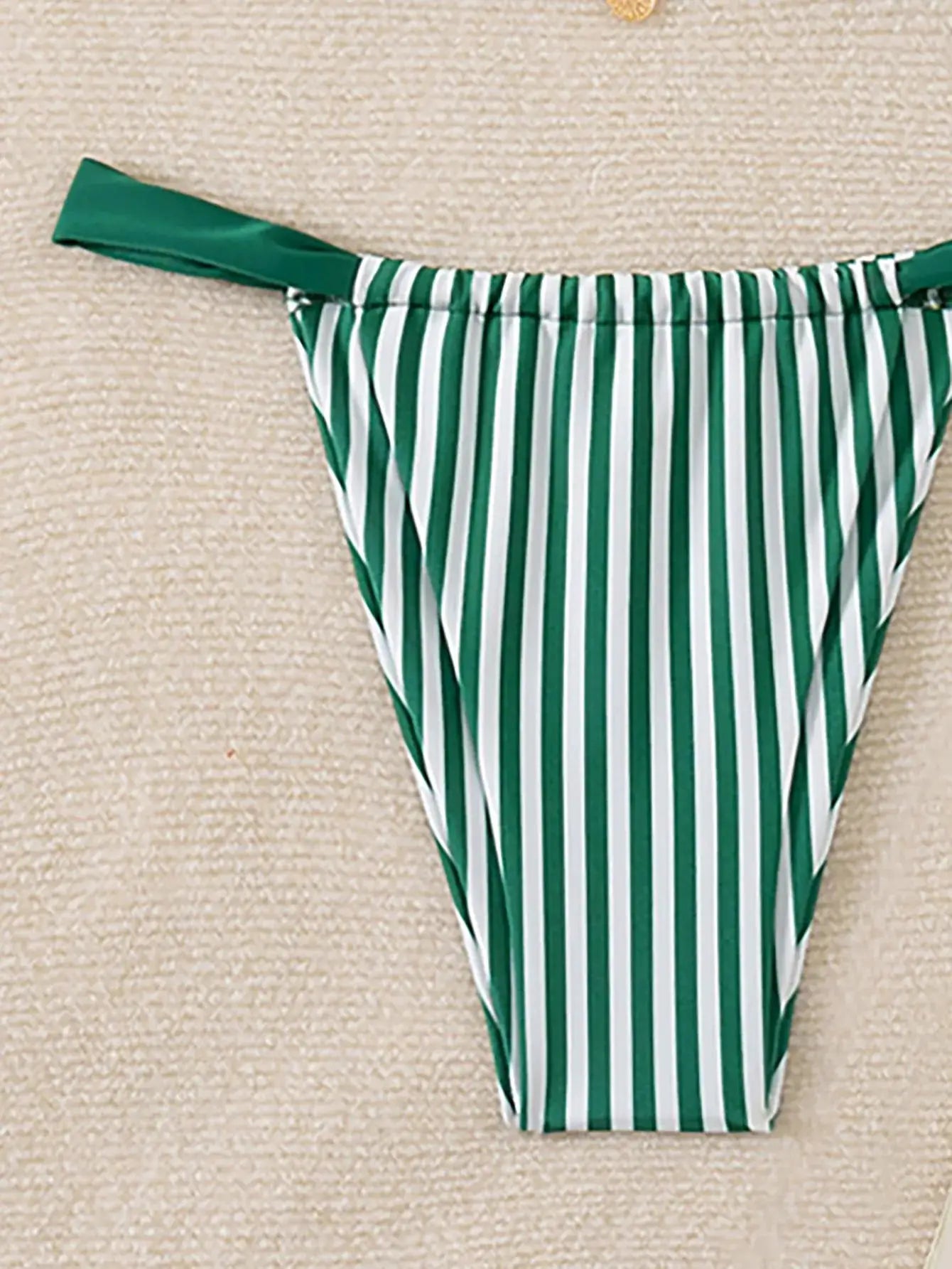 Simples Market triangle bikini bottom in green and white vertical stripes, Brazilian cut.