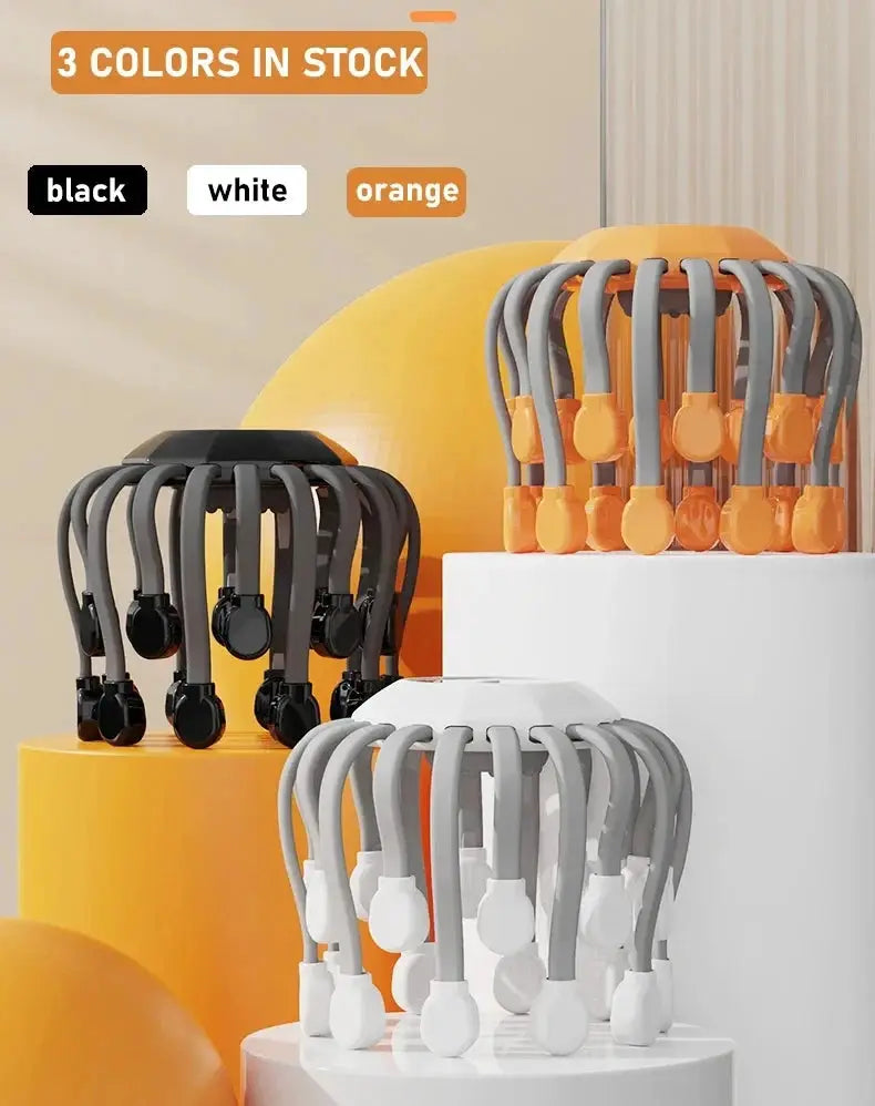 Simples Market 20-head scalp massager with octopus-style arms, available in black, white and orange.