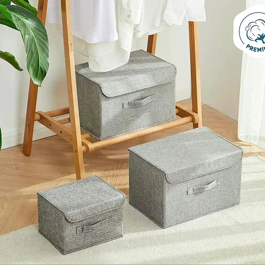Simples Market grey fabric storage boxes with lids, washable cotton-linen, set of 3