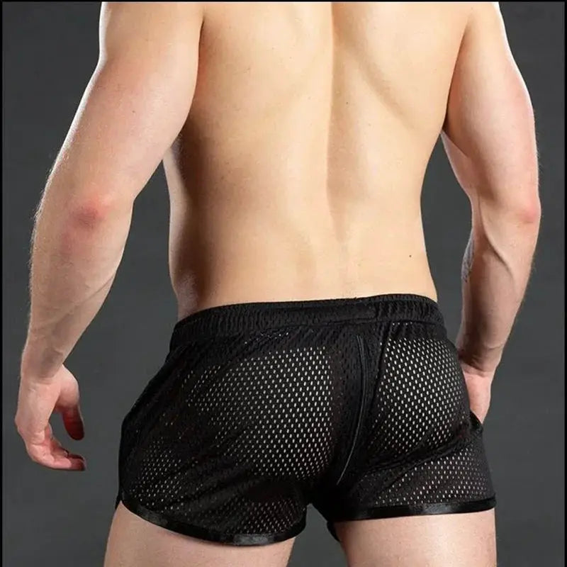 Men's mesh gym shorts by Simples Market; black quick-dry breathable training shorts