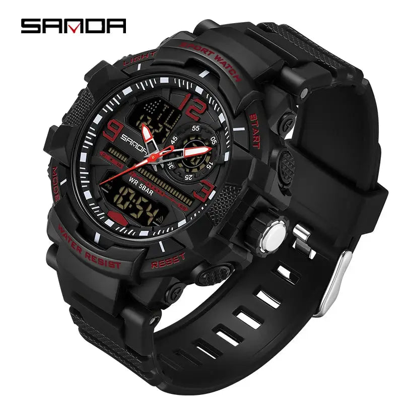 SANDA 6130 dual-display men's sport watch, black with red accents, waterproof quartz with LED digital and analog dial
