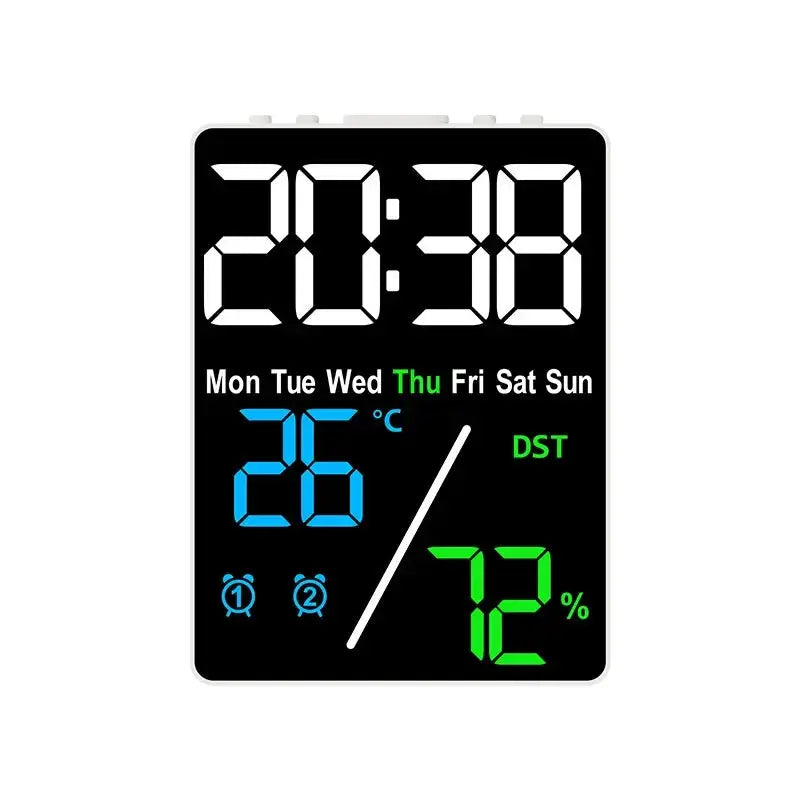Multifunctional large-screen digital alarm clock with humidity display; black panel, blue temperature, green humidity digits