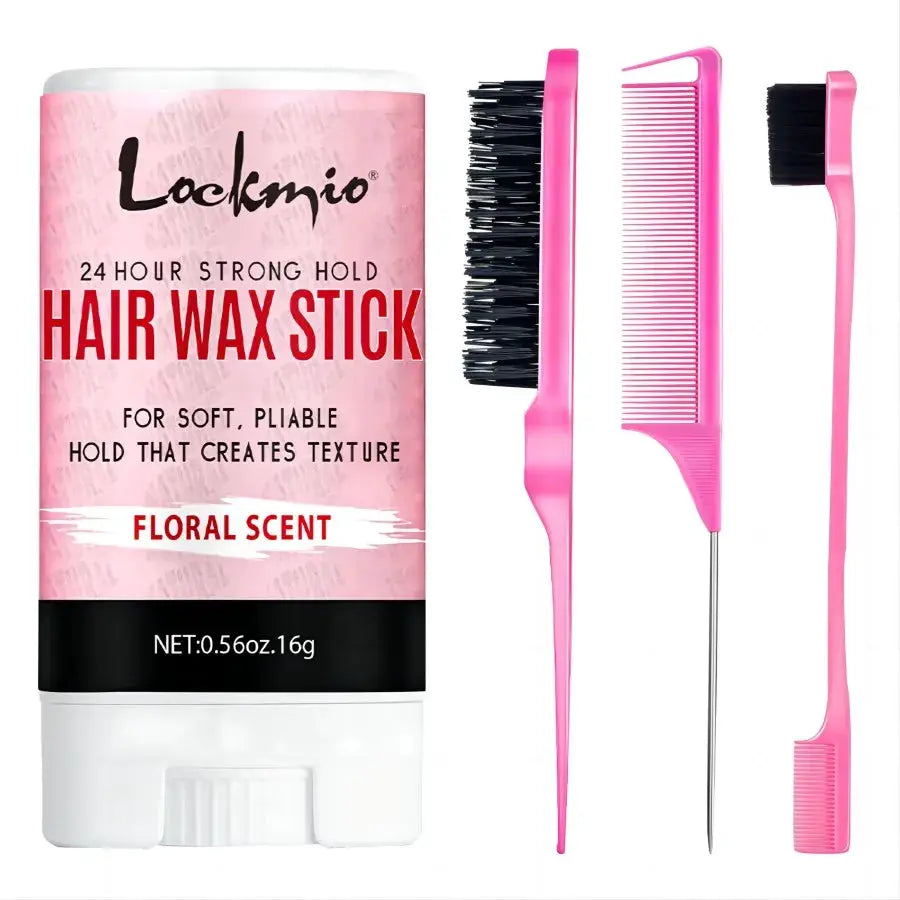 Lockmio Hair Wax Stick; pink container with 3 pink grooming tools (comb and brushes).