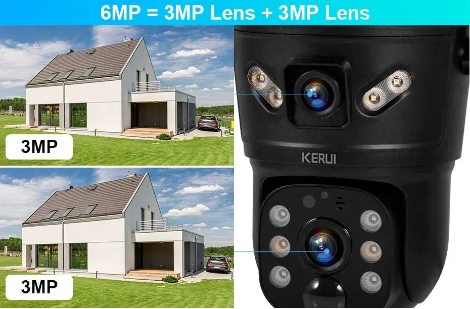 KERUI outdoor waterproof 6MP solar security camera with dual lenses; two house views and a close-up of the camera.