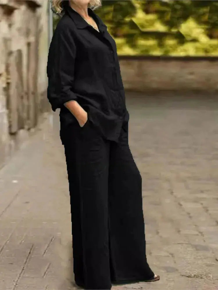 Cotton Linen Shirt Two Piece Set For Women With Wide Leg Trousers