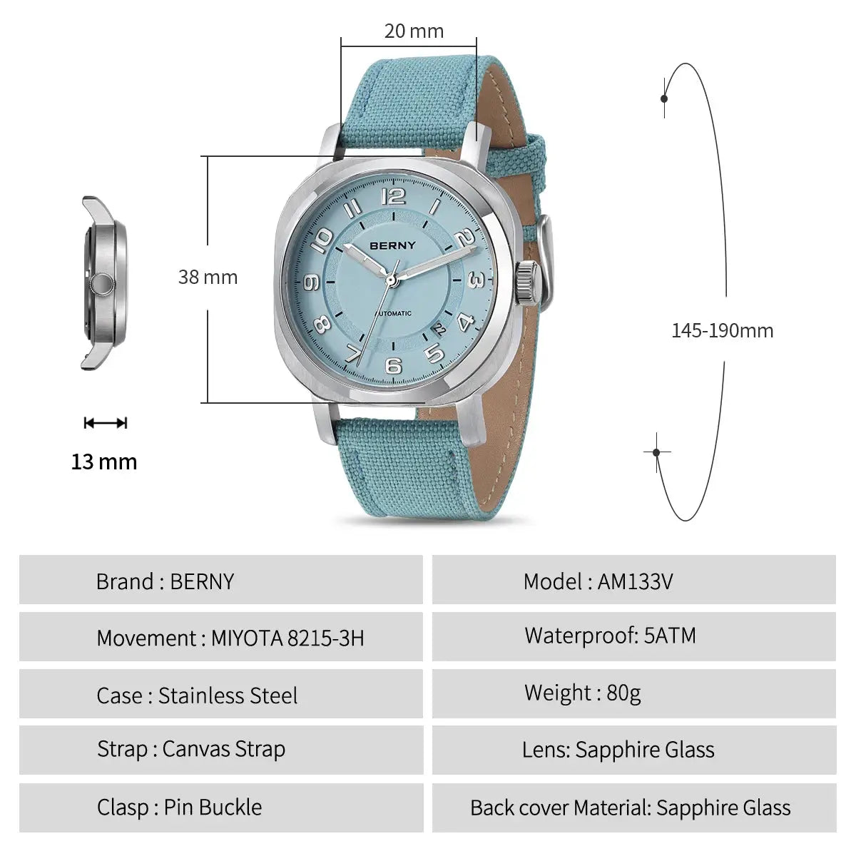 BERNY women's self-winding watch by Simples Market, light blue dial with fabric strap, sapphire glass.