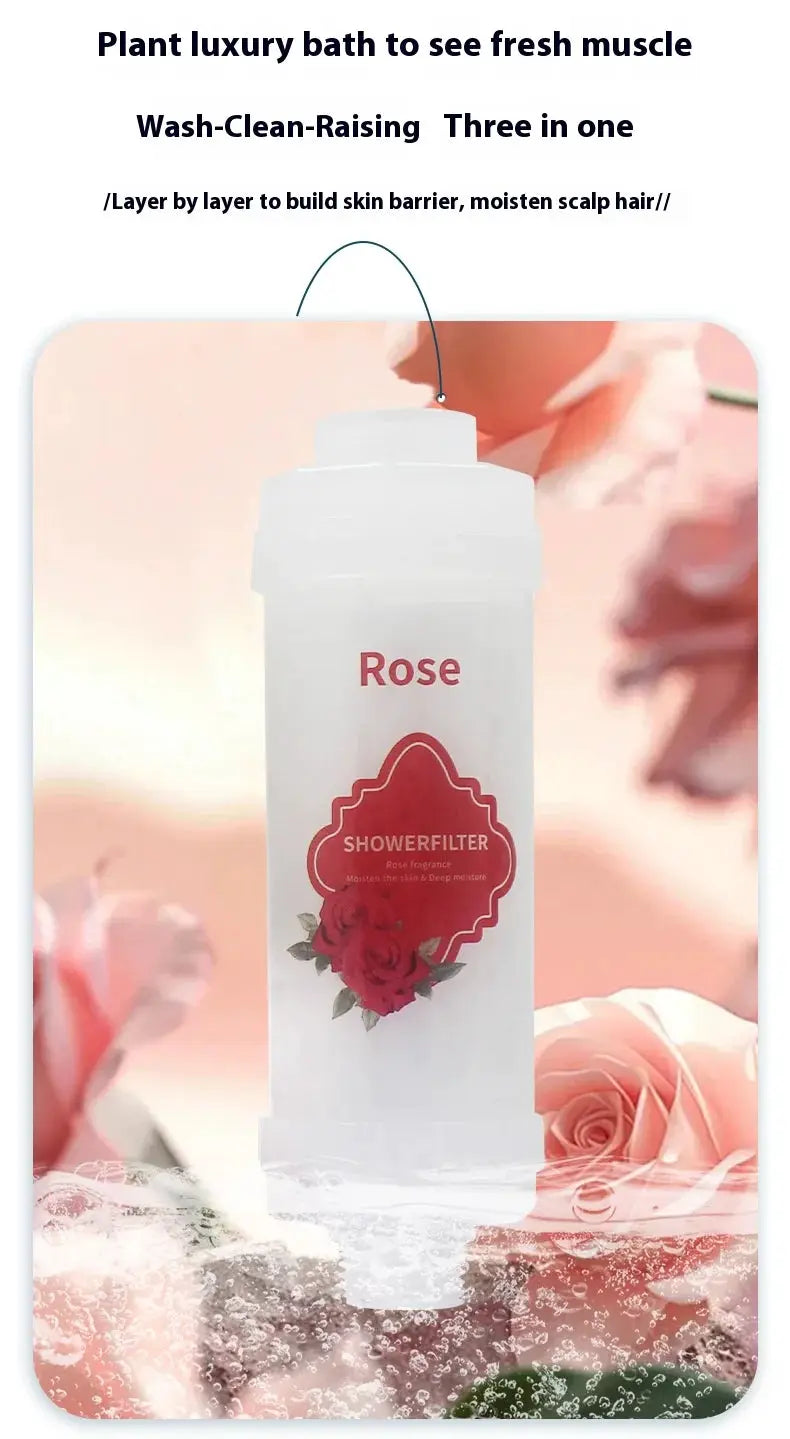 Shower filter bottle by Simples Market, white container with rose label and floral graphic