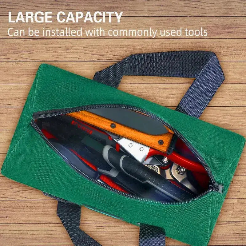 Simples Market AIRAJ electrician tool bag, green canvas with blue handles, open to reveal tools.