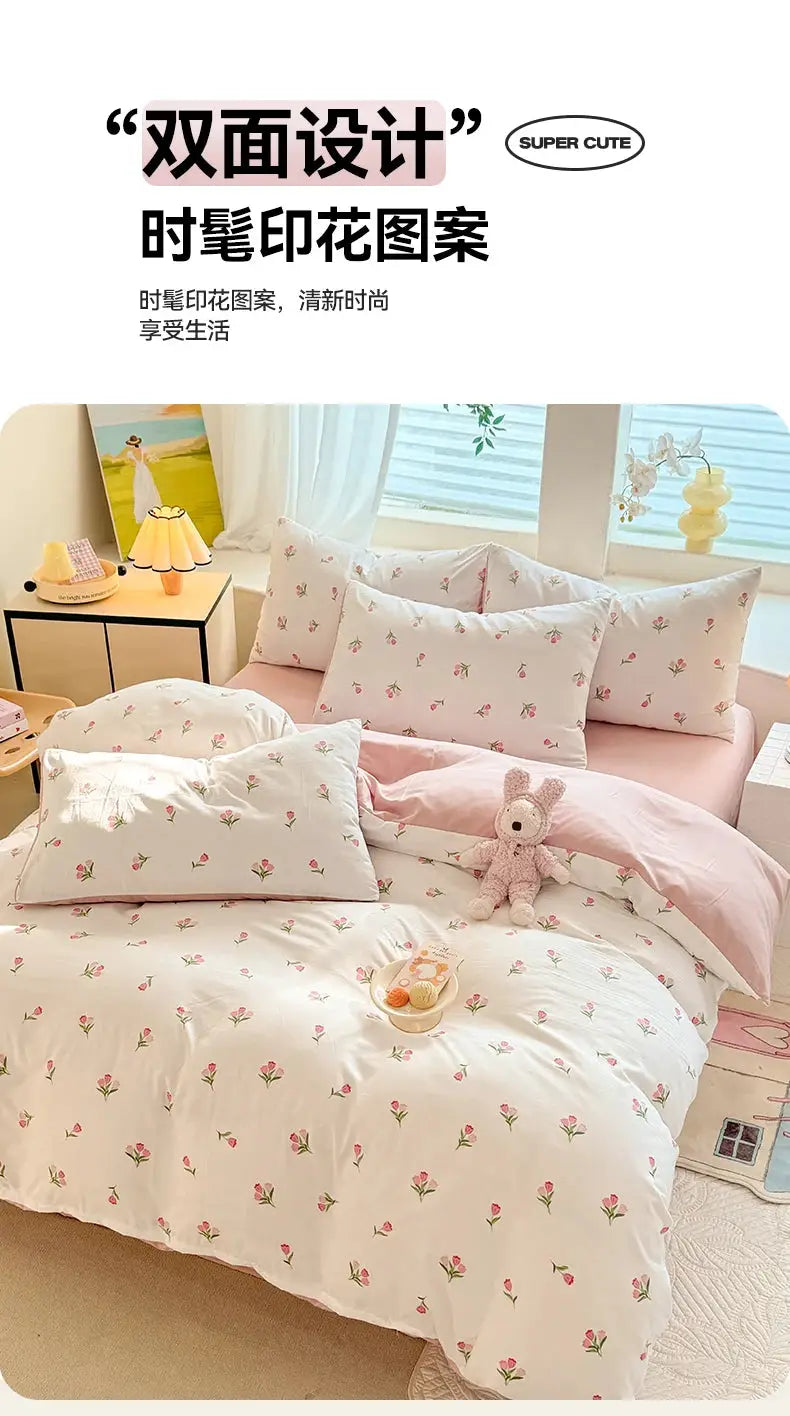 Tulip print three-piece student bedding set with quilt cover and pillowcases in pink on white