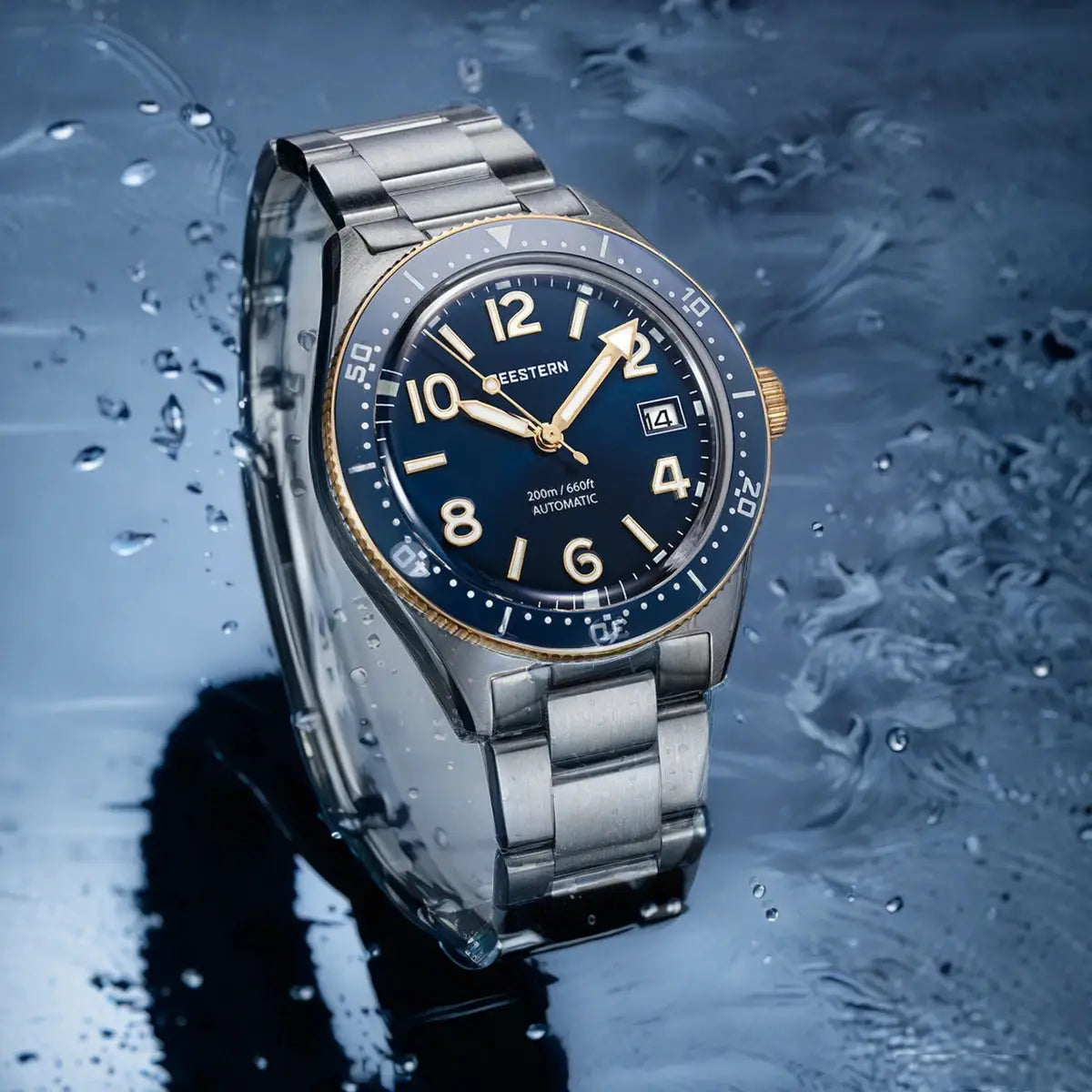 Seestern diver watch, blue dial, stainless steel bracelet, automatic NH35A, 200m water resistant.