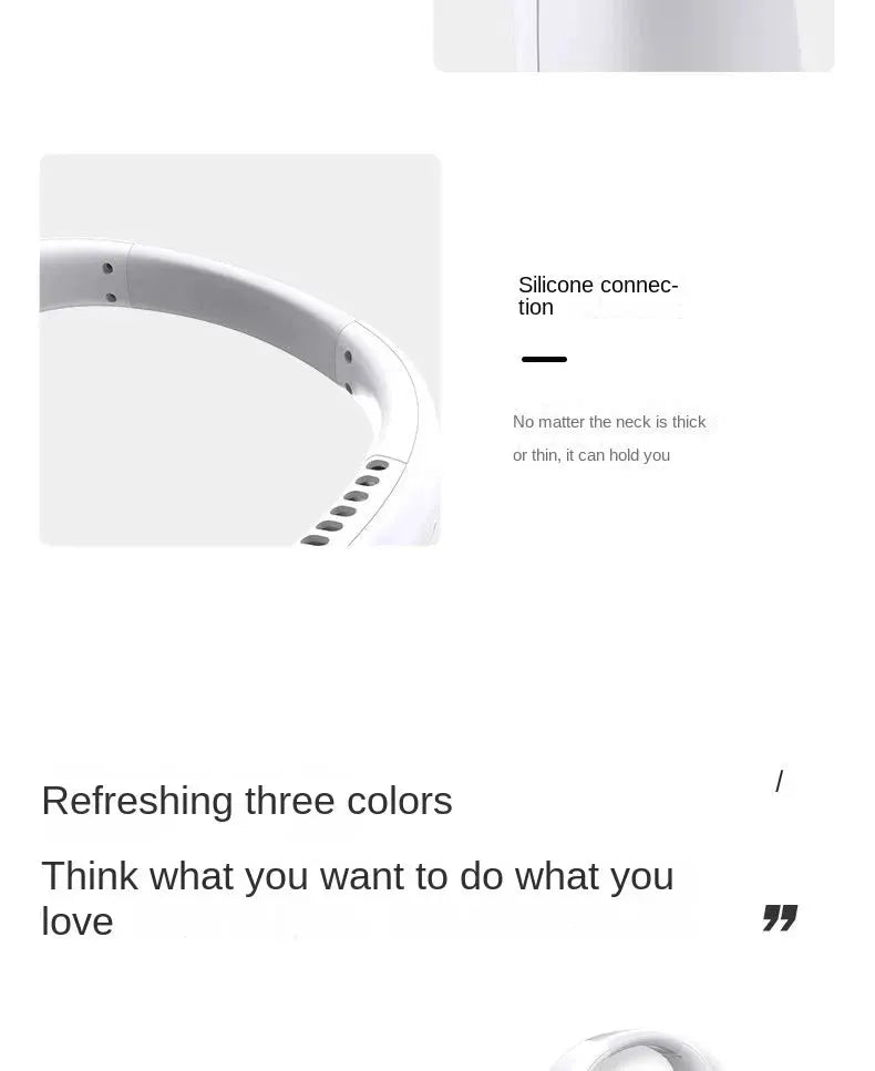 Hands Free Neck Fan by Simples Market, white bladeless wearable USB rechargeable cooling fan with silicone connection
