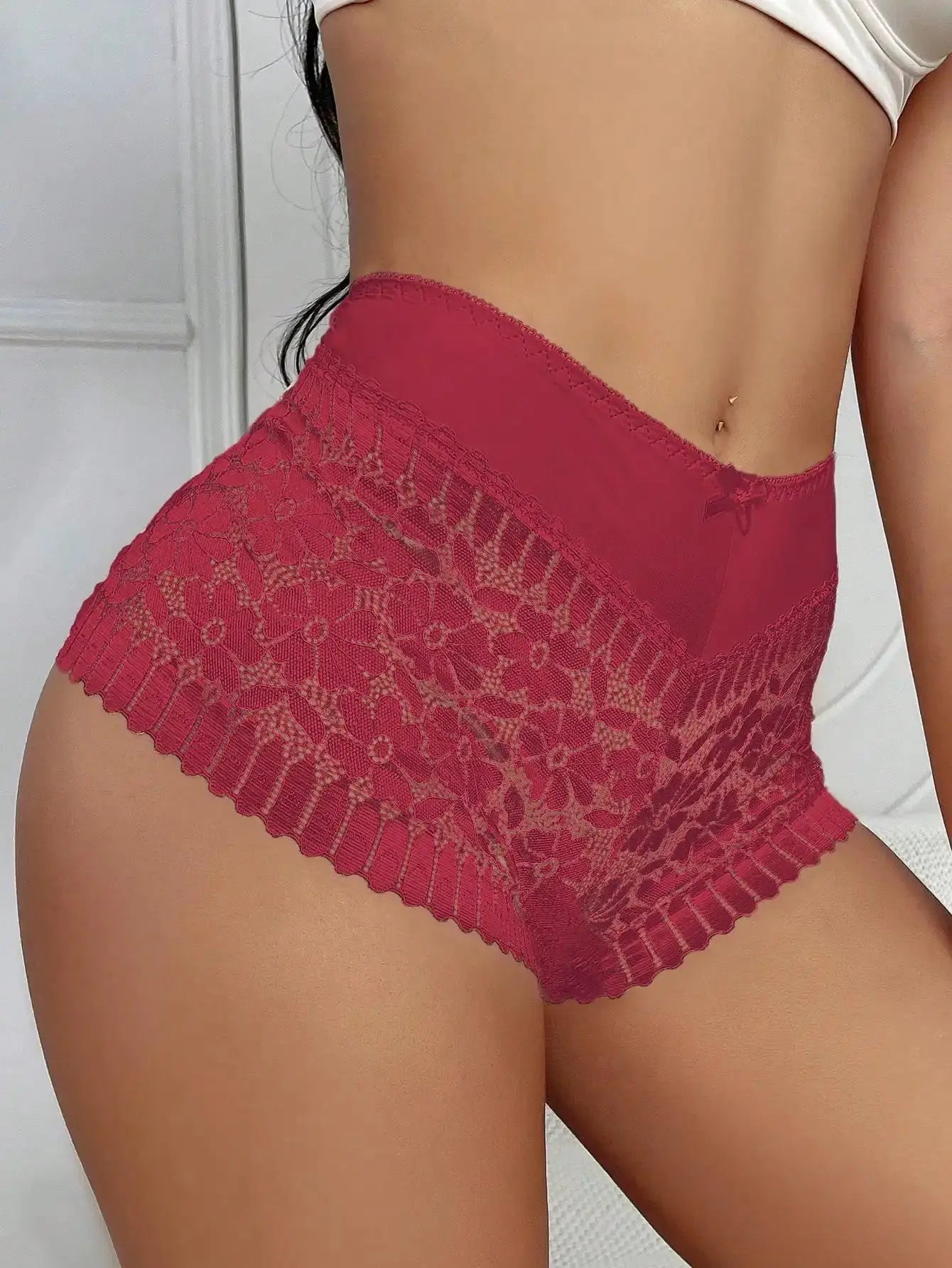 Simples Market sexy lace high-waist panties, burgundy red, breathable boyshorts.