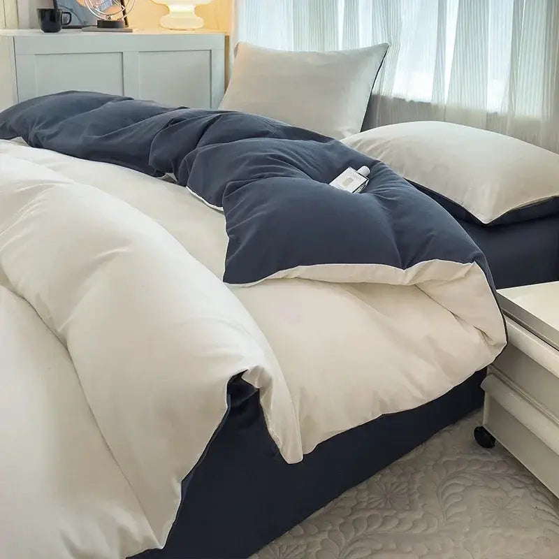 Simples Market 4-piece duvet cover bedding set, 2-sided solid color brush fabric in navy and white