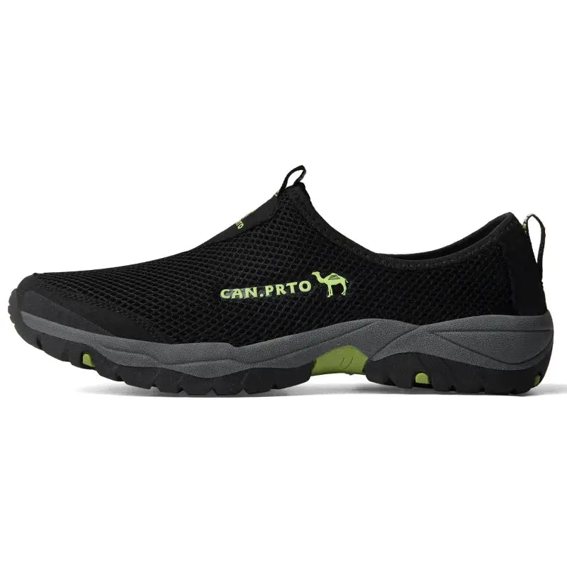 Men's mesh slip-on outdoor shoes, breathable black with lime accents and rugged sole.
