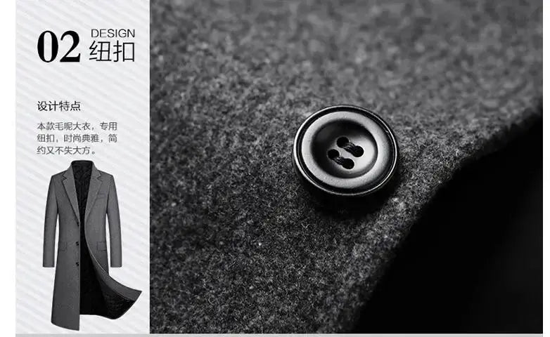 Men's XXL grey wool-blend overcoat with long trench style for winter business casual