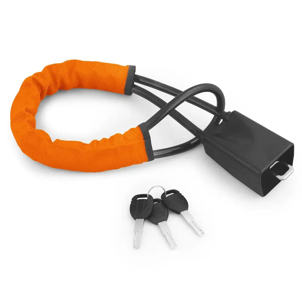Simples Market car steering wheel lock with orange padded loop and cable, includes 3 keys
