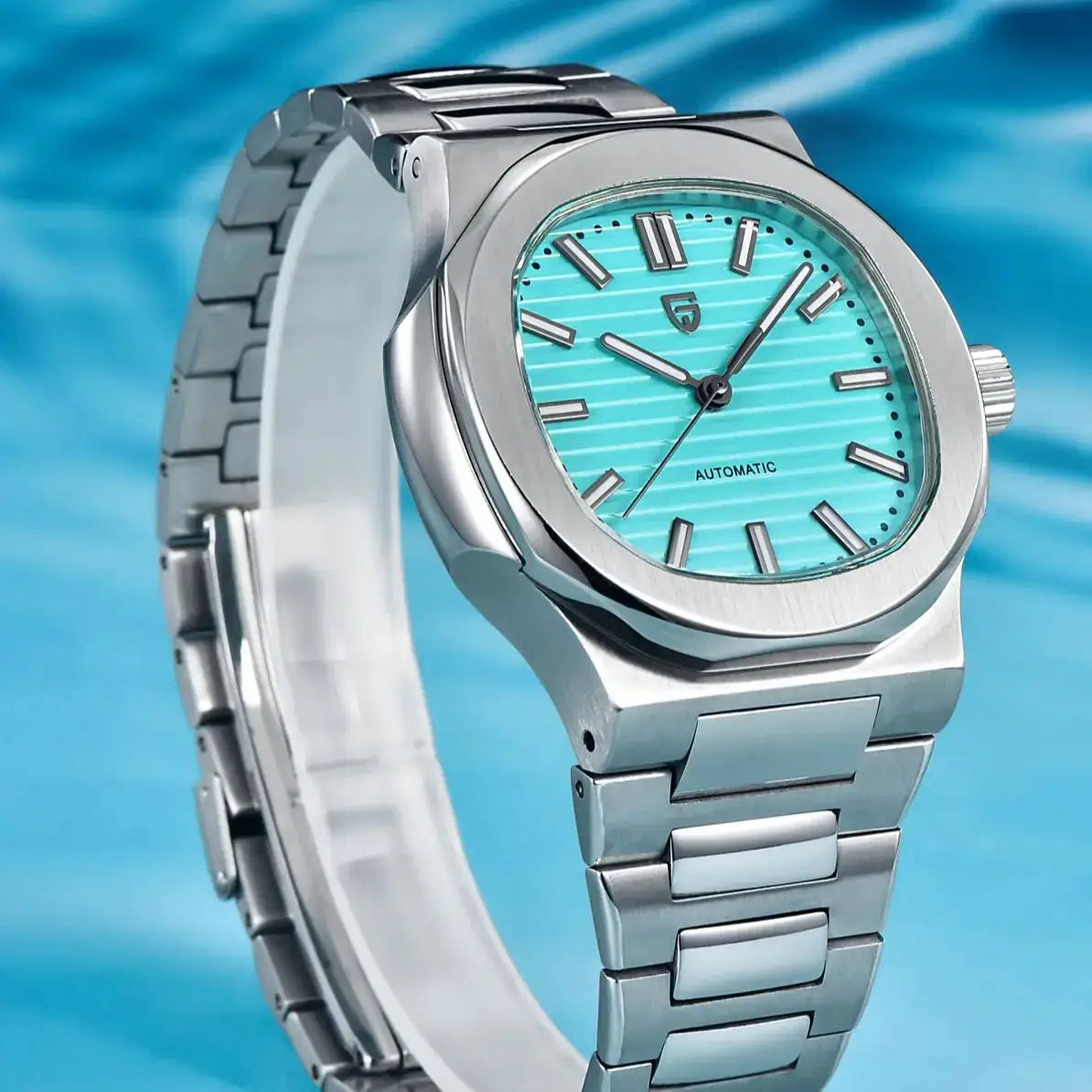 Pagani Design 40mm automatic men's watch in stainless steel with turquoise striped dial and sapphire glass.
