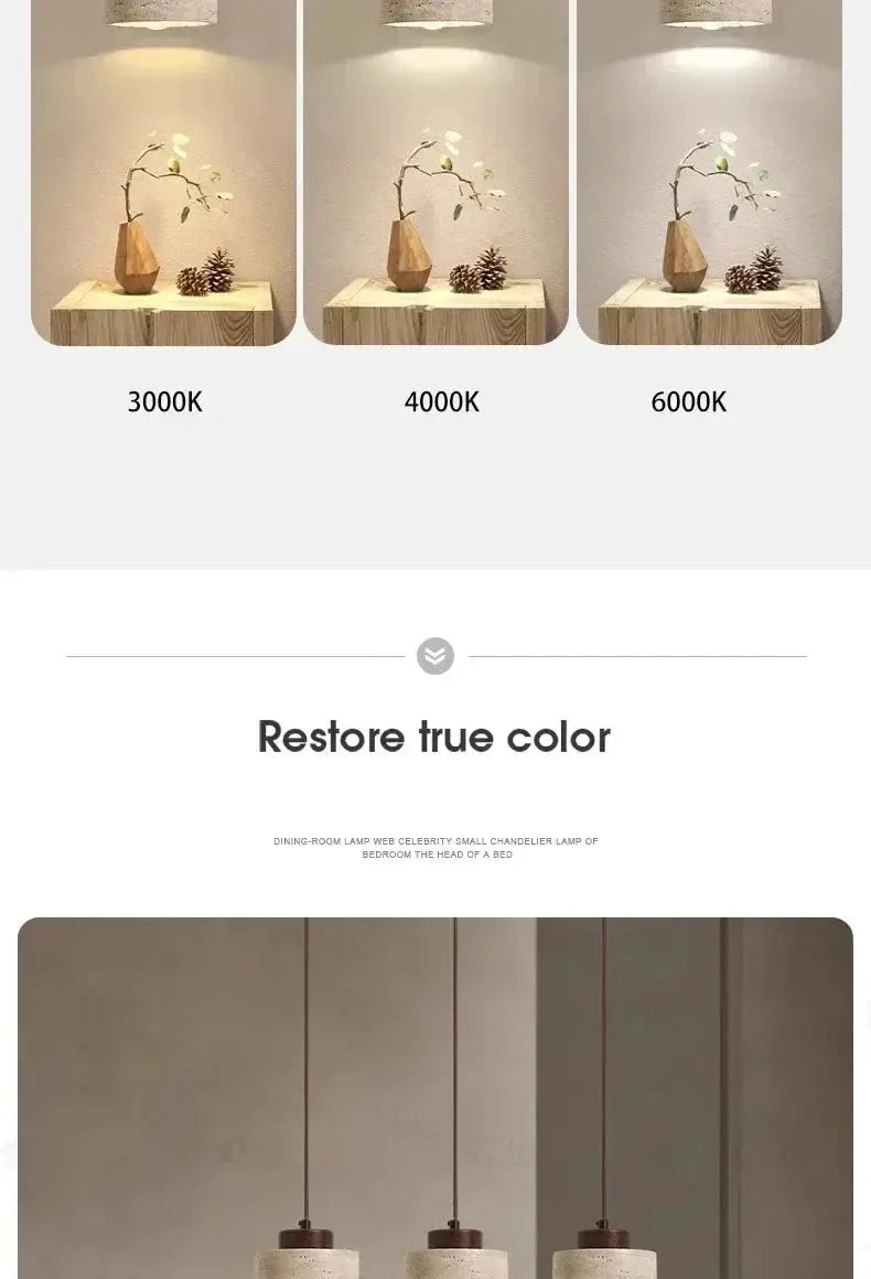 Led pendant lamp with stone-like shade; three color temperatures shown (3000K, 4000K, 6000K) over a wooden table.