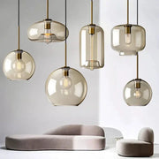 Nordic LED glass chandelier with six smoky pendant heads and brass fittings by Simples Market