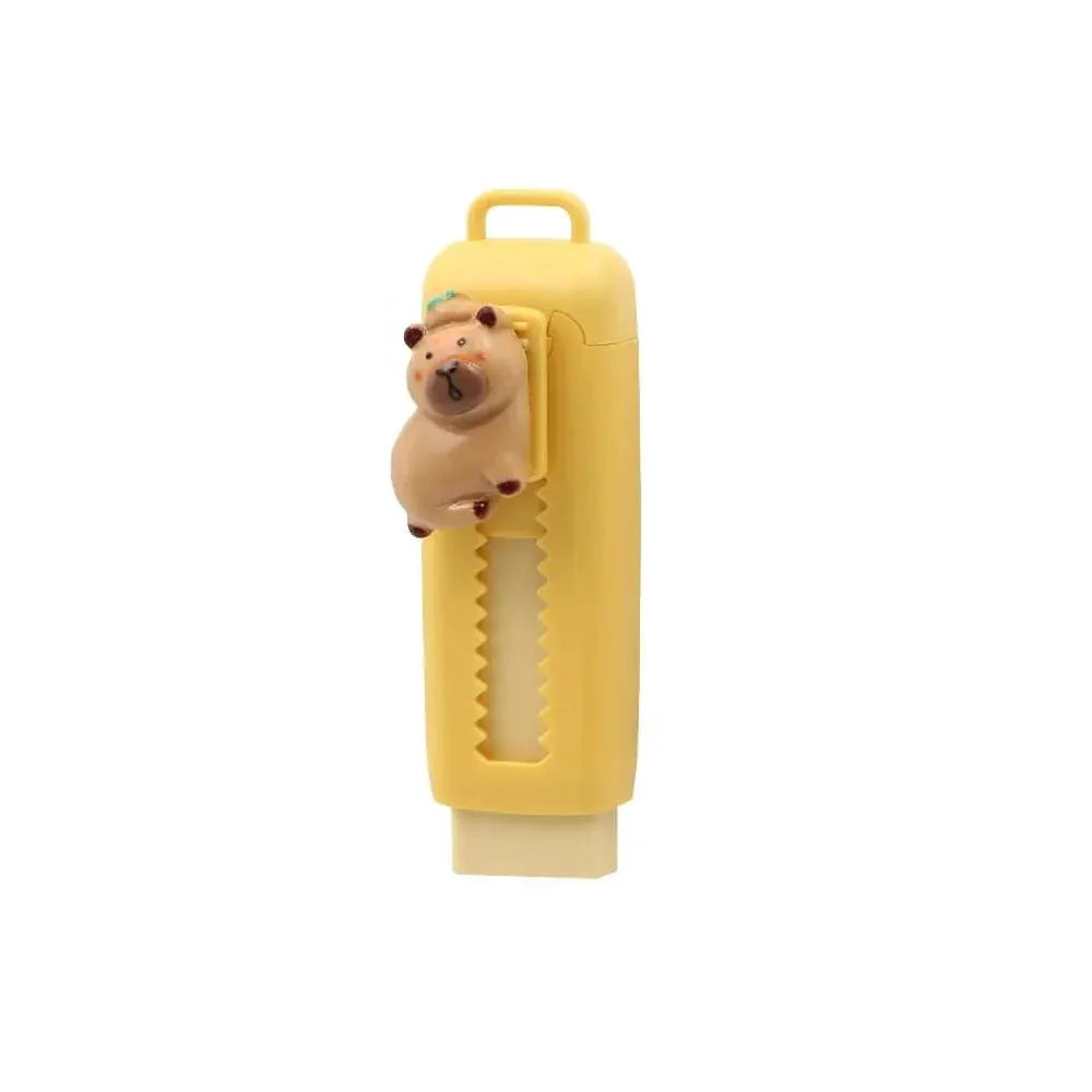 Capybara eraser in yellow retractable case with cartoon capybara charm, Simples Market