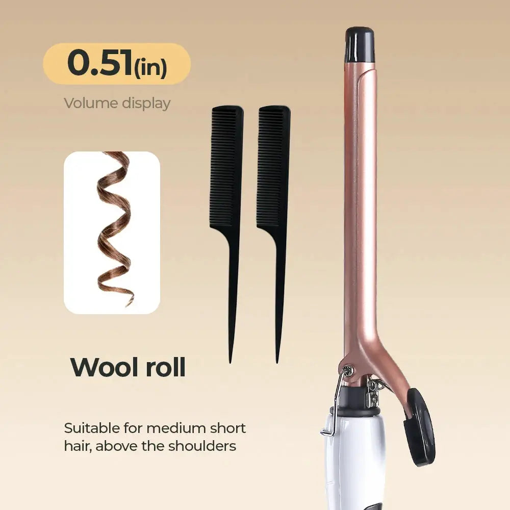 Simples Market curling iron, 0.51in ultra-fine wand in rose gold with clamp and two black comb attachments