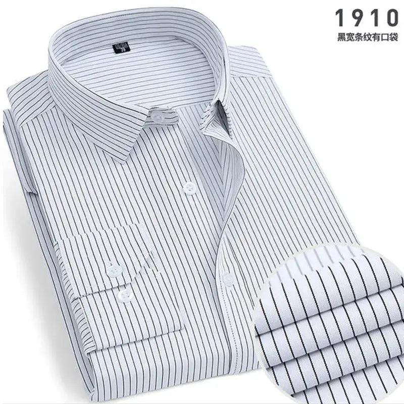Men's long-sleeve striped shirt folded for display; white fabric with light blue pinstripes, business casual style.