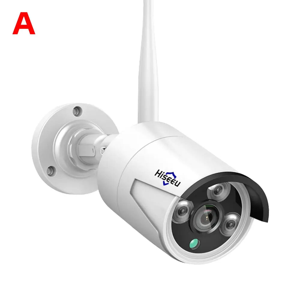 Hiseeu white wireless IP camera with 3.6mm lens, waterproof outdoor security camera on wall mount.