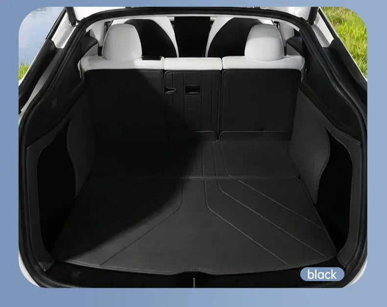 YZ For Tesla Model Y trunk mats 2021–2026 in black leather, fully surrounded, waterproof, non-slip liner
