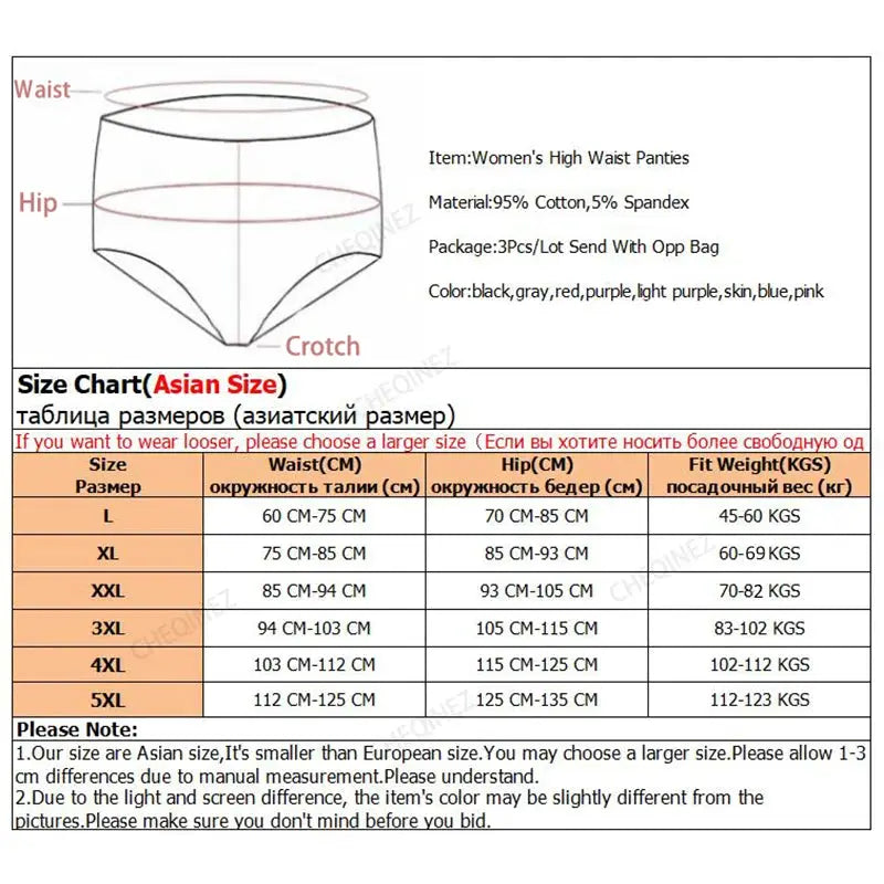 Simples Market 3Pcs women's high-waist cotton panties set in assorted colors, plus sizes M-5XL