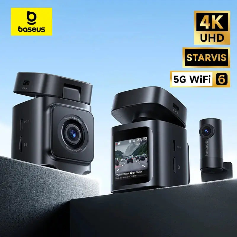 Baseus 4K Dash Cam VD1 Pro three-camera setup; front and rear UHD car cameras with Sony Starvis sensor