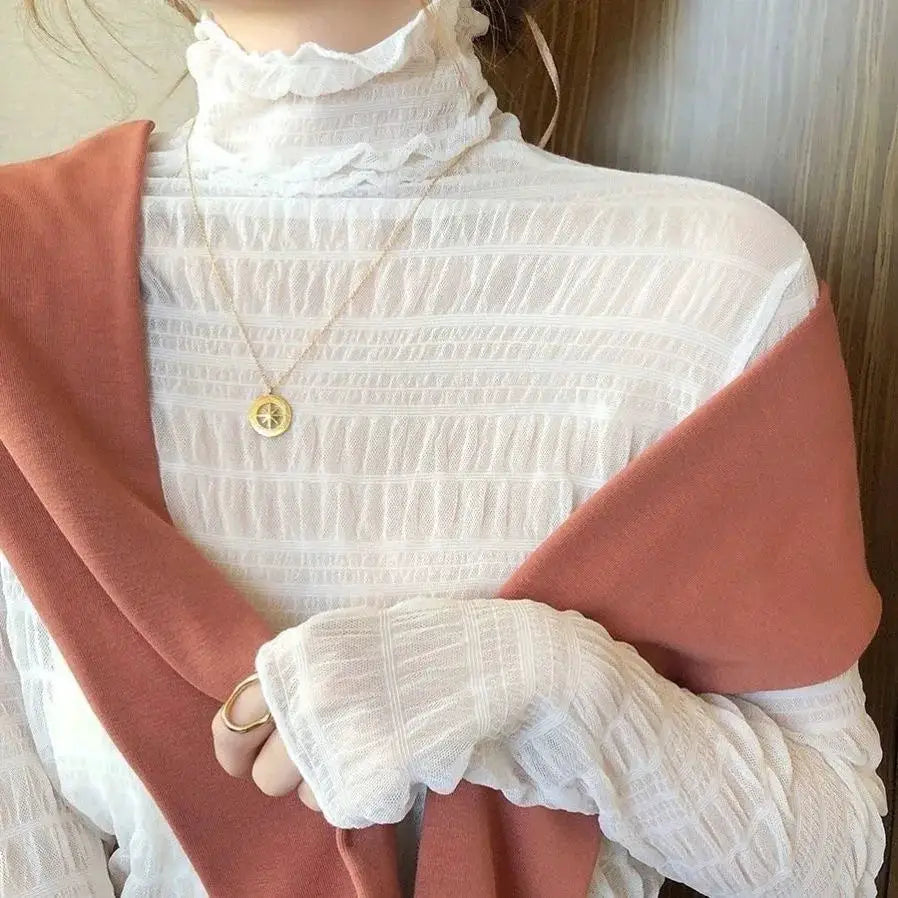 White mesh lace blouse with high-neck ruffle and long sheer sleeves
